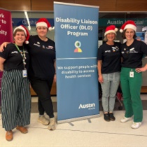 Picture of our DLO's Christmas hats in front of the DLO banner